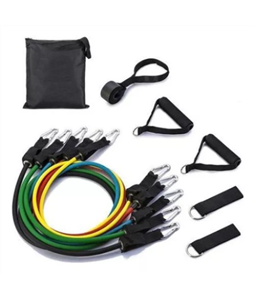 Especificaes doKit Elsticos Extensores Tubing: 1 elstico amarelo (4,5 kg de resistncia), 1 elstico vermelho (6,5 kg de resistncia), 1 elstico azul (9 kg de resistncia), 1 elstico verde (11 kg de resistncia), 1 elstico preto (13,5 kg de resistncia), 2 alas pegadores revestidos de espuma 2 tiras de tornozelos para maior estabilidade 1 ancora para travar na porta. Ideal para quem deseja aprimorar o fortalecimento muscular, aumentar a hipertrofia e melhorar a resistncia fsica, tudo enquanto protege contra leses.